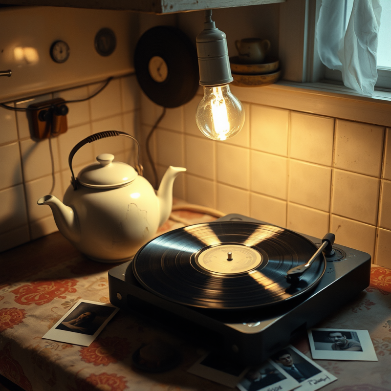 Dusty 1960s Kitchen Countertop Under a Single Flickerin...