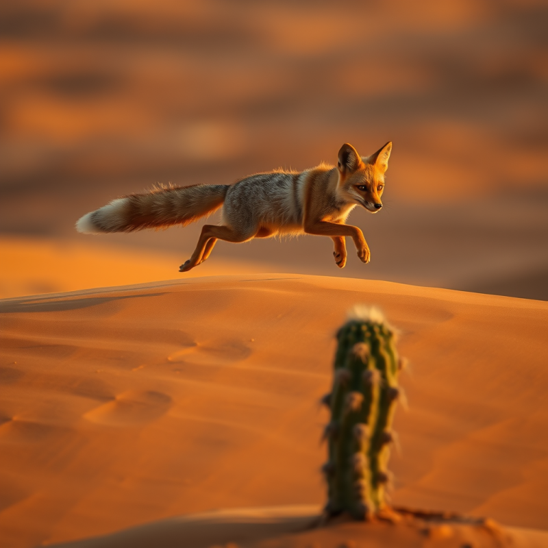 Dynamic Fox Captured Mid-leap Over Golden Desert