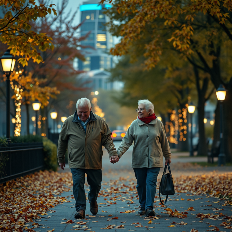 Elderly Couple Walking Hand in Hand Park Autumn Leaves