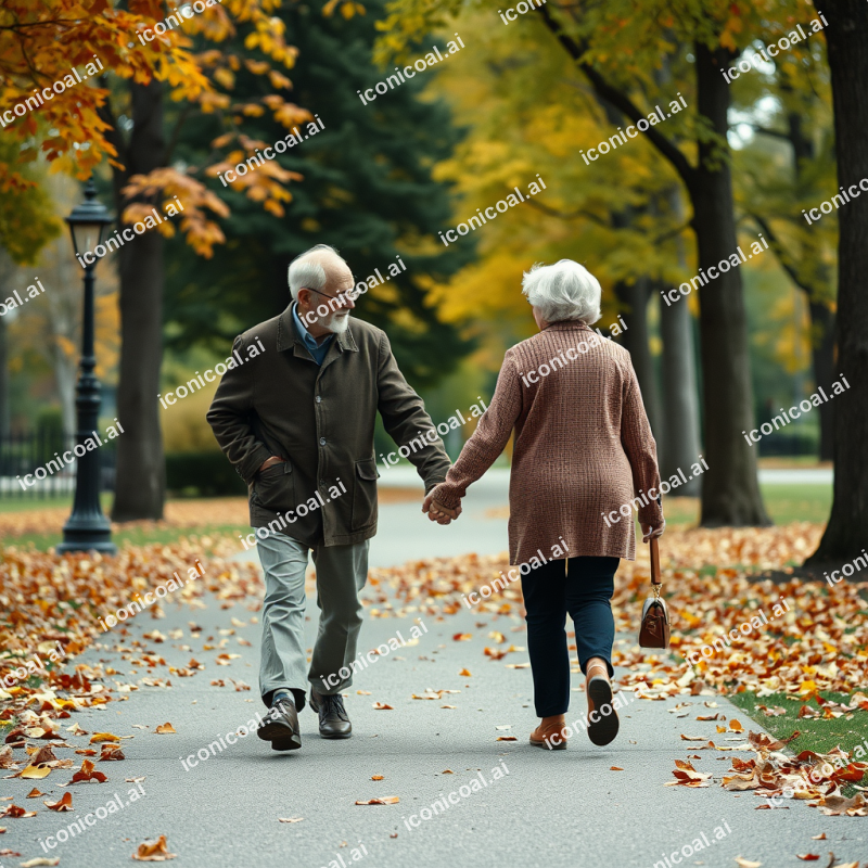 Elderly Couple Walking Hand In Hand Park Autumn Leaves