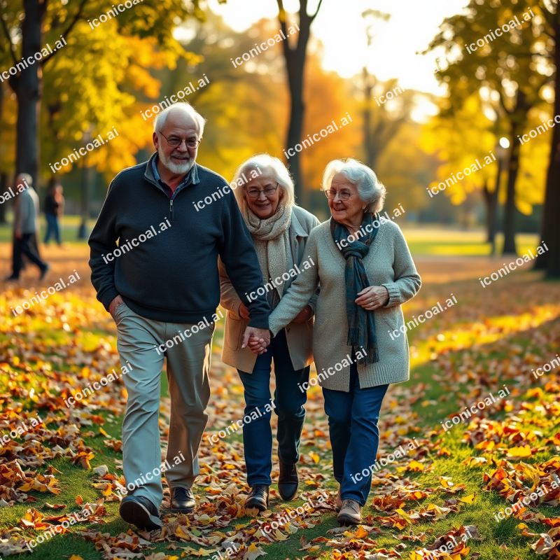 Elderly Couple Walking Hand In Hand Park Autumn Leaves