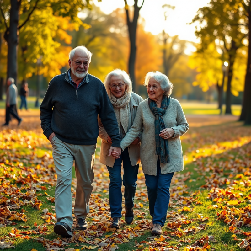 Elderly Couple Walking Hand in Hand Park Autumn Leaves