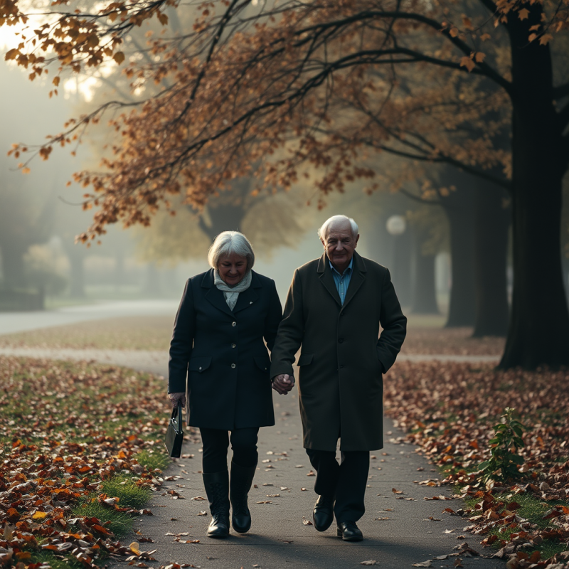 Elderly Couple Walking Hand in Hand Park Autumn Leaves
