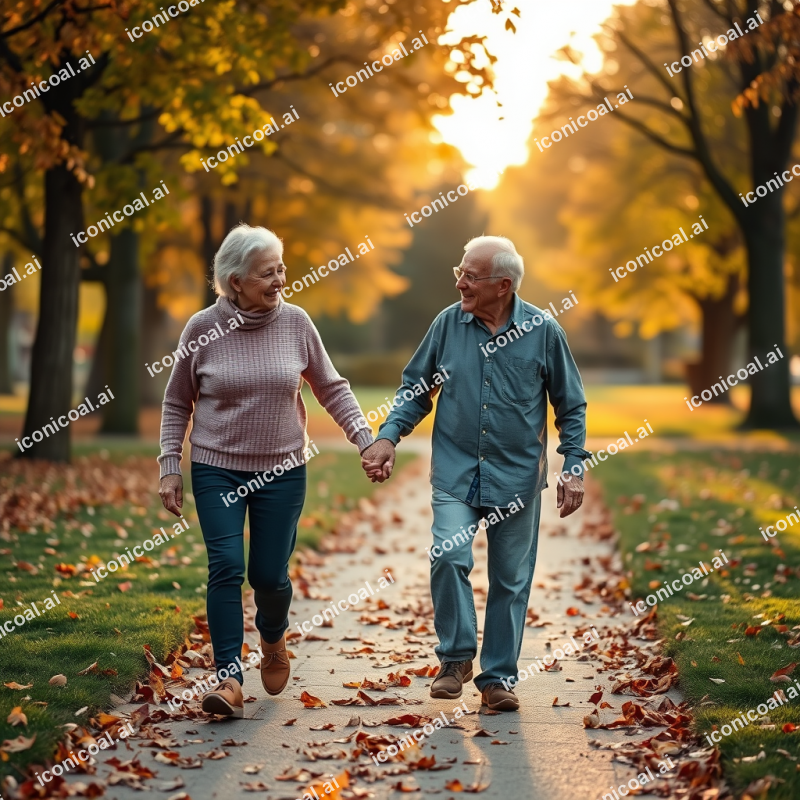 Elderly Couple Walking Hand In Hand Park Autumn Leaves