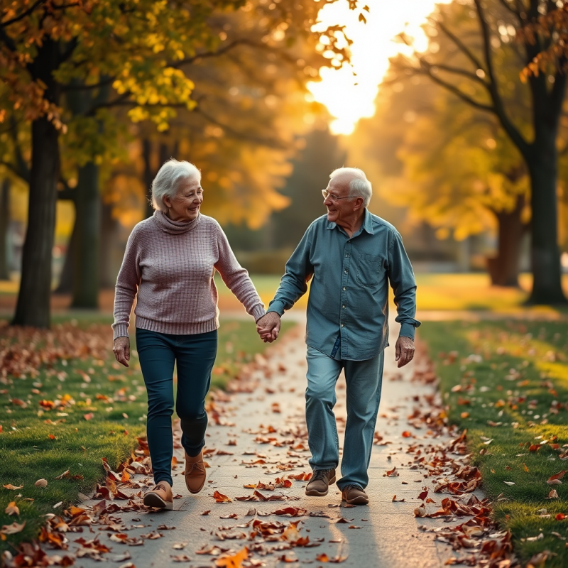 Elderly Couple Walking Hand in Hand Park Autumn Leaves