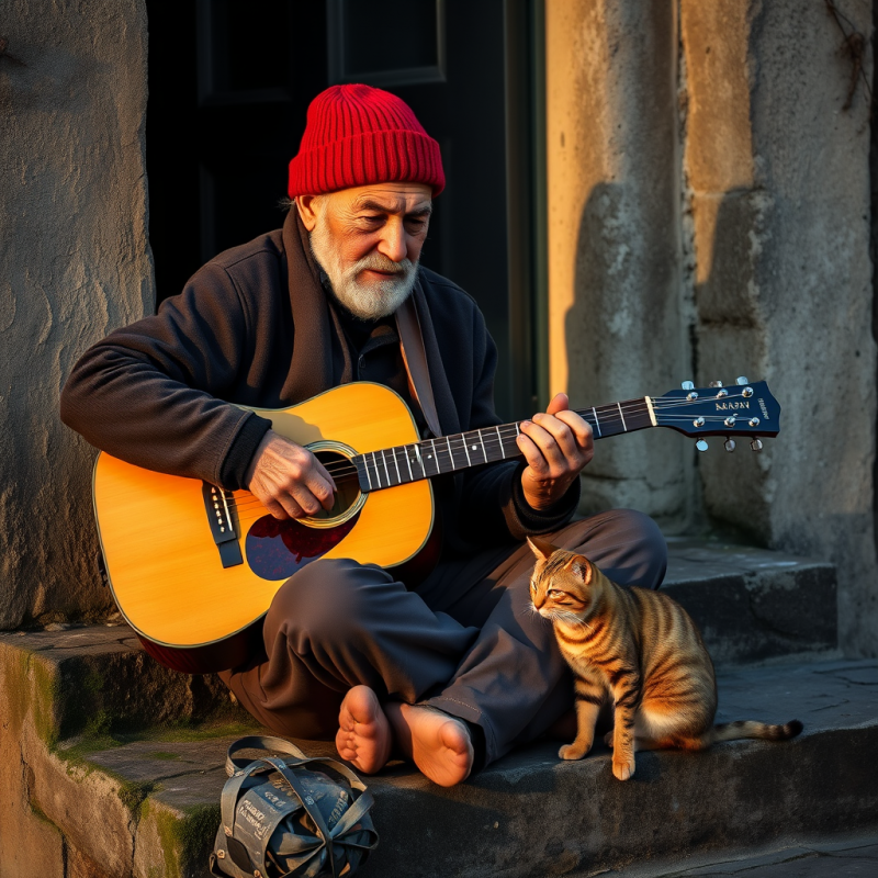 Elderly Man with a Weathered Face and a Vibrant Red Kn...