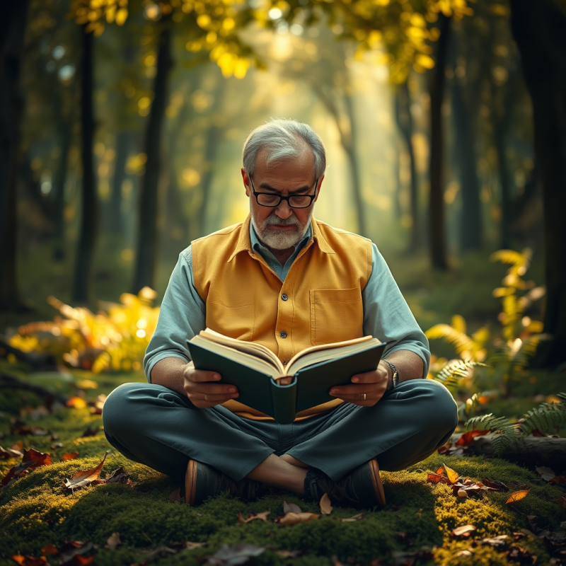 Elderly Man with Glasses Sits Cross-legged on Mossy