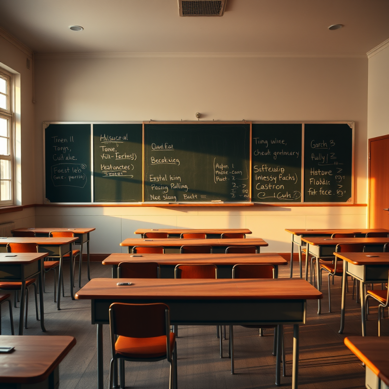 Empty Classroom with Chalkboard and Wooden Desks Nostalgic