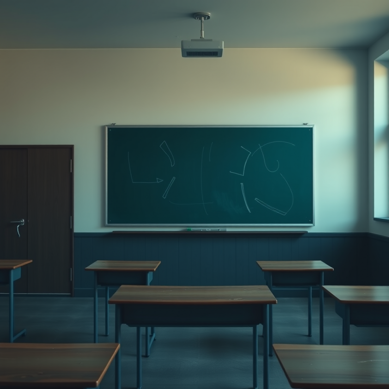 Empty Classroom with Chalkboard and Wooden Desks Nostalgic