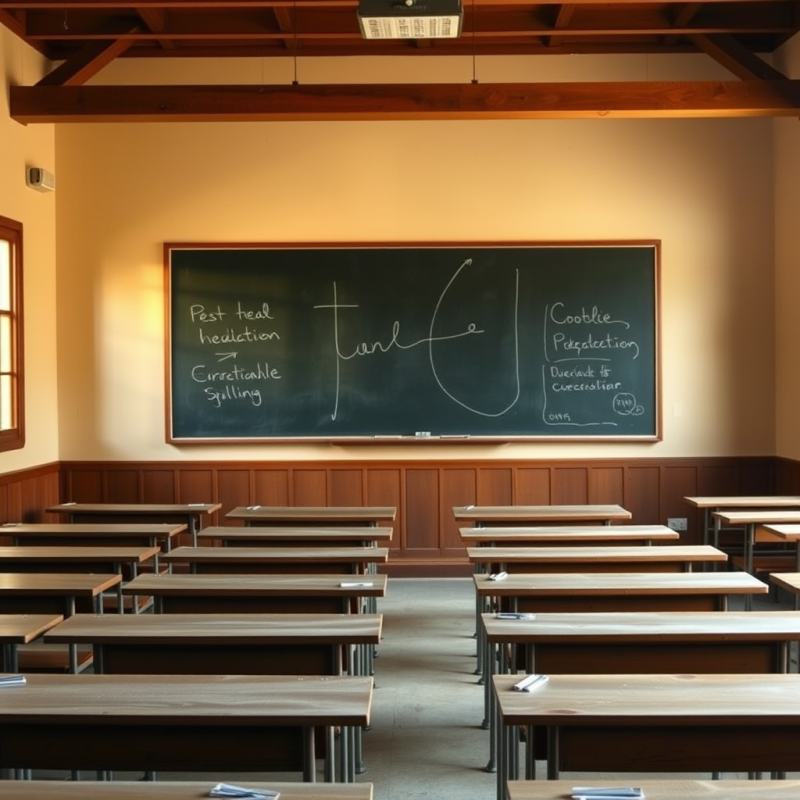 Empty Classroom with Chalkboard and Wooden Desks Nostalgic