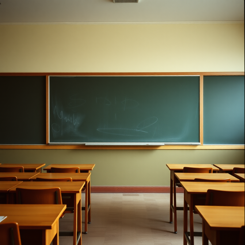 Empty Classroom with Chalkboard and Wooden Desks Nostalgic