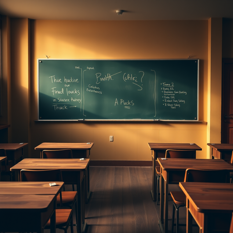 Empty Classroom with Chalkboard and Wooden Desks Nostalgic
