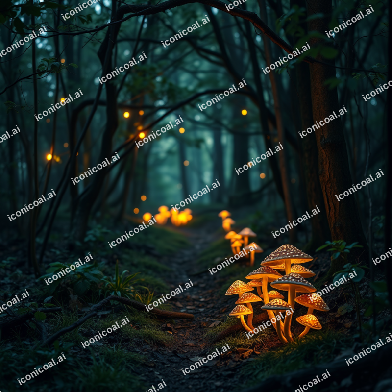 Enchanted Forest Path With Glowing Mushrooms Magical Atmo...