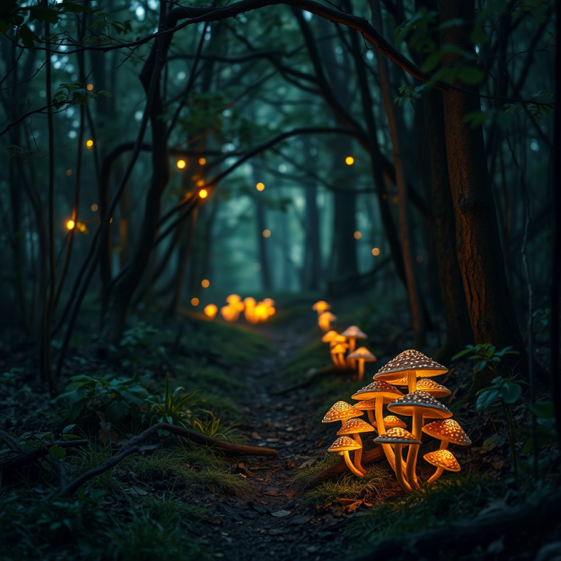 Enchanted Forest Path with Glowing Mushrooms Magical Atmo...