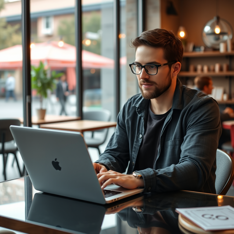 Entrepreneur Working at Coffee Shop with Laptop Natural S...