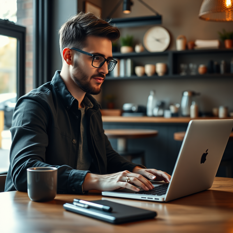 Entrepreneur Working at Coffee Shop with Laptop Natural S...