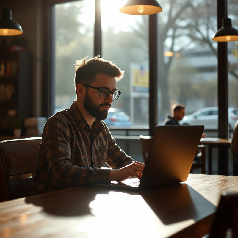 Entrepreneur Working at Coffee Shop with Laptop Natural S...