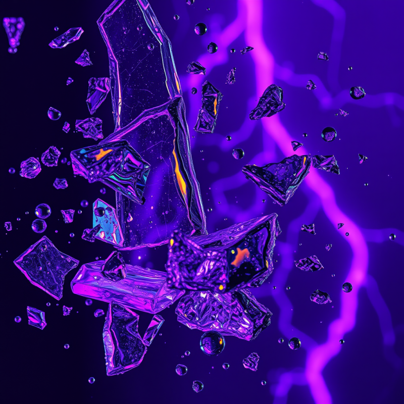 Extreme Macro Shot of Shattered Glass Fragments Suspended...