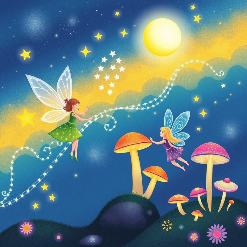 Fairies Gathering Stars in Magical Mushroom Forest