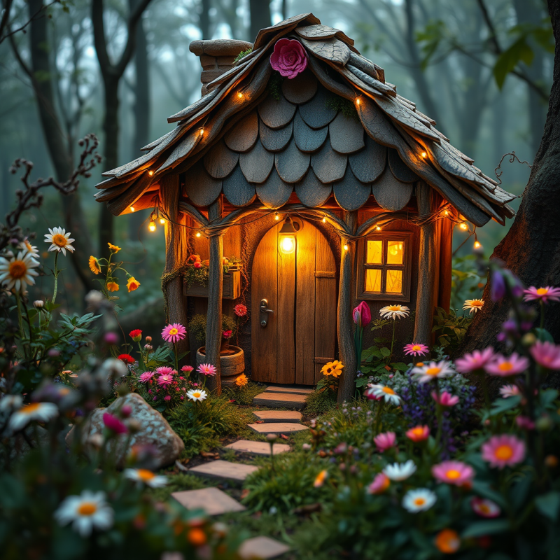 Fairy Cottage in Mystical Woodland with Flowers Whimsical