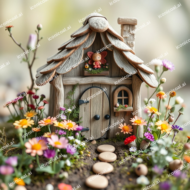 Fairy Cottage In Mystical Woodland With Flowers Whimsical