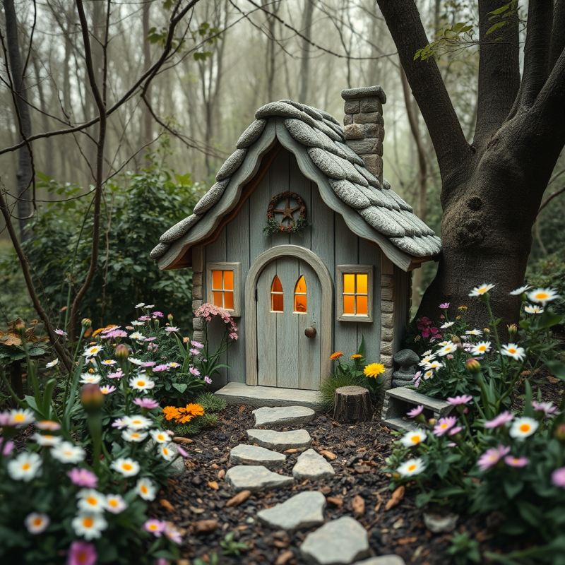 Fairy Cottage in Mystical Woodland with Flowers Whimsical