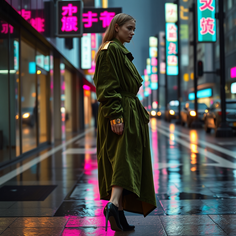 Fashion Model Draped in a Moss-green Velvet Trench Coat...