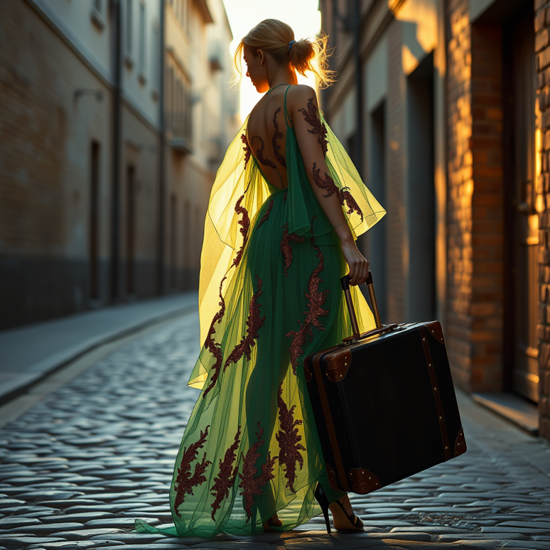 Fashion Model Draped in a Translucent Emerald Tulle Gow...