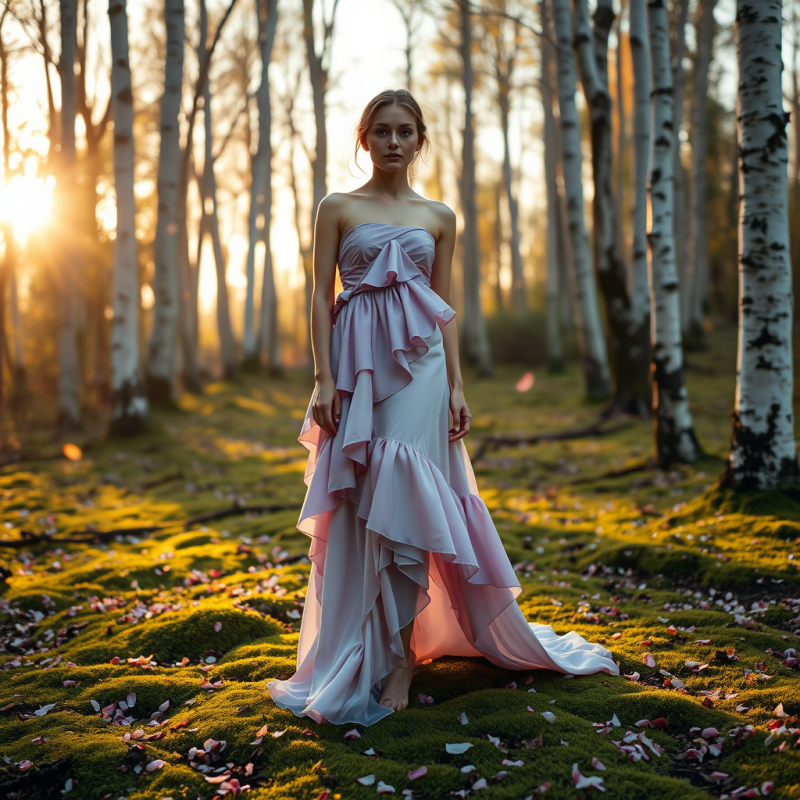 Fashion Model in a Cascading Lavender and Ivory Silk Go...