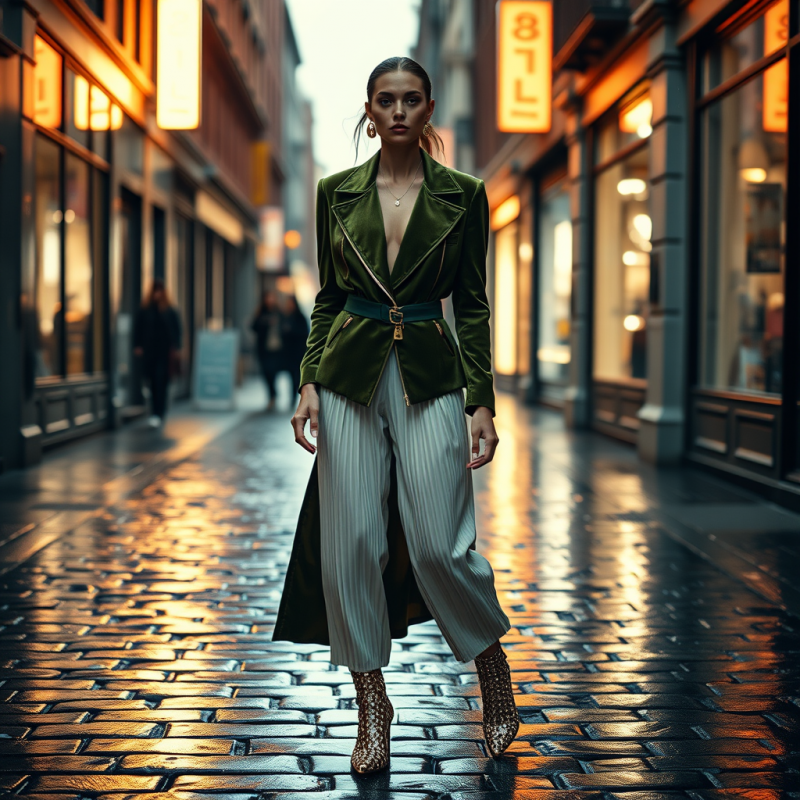 Fashion Model in a Moss-green Velvet Blazer with Asymme...
