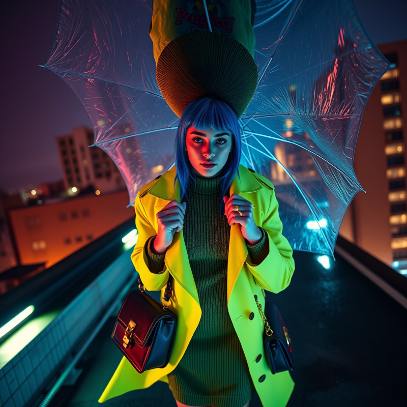 Fashion Model in a Neon-lime Trench Coat Layered Over A...
