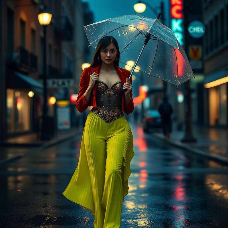 Fashion Model Mid-stride on a Neon-drenched Rainy Stree...