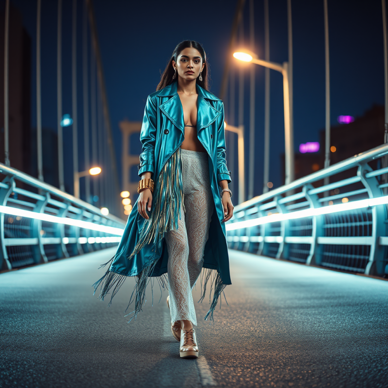 Fashion Model Mid-stride on a Neon-drenched Urban Bridg...