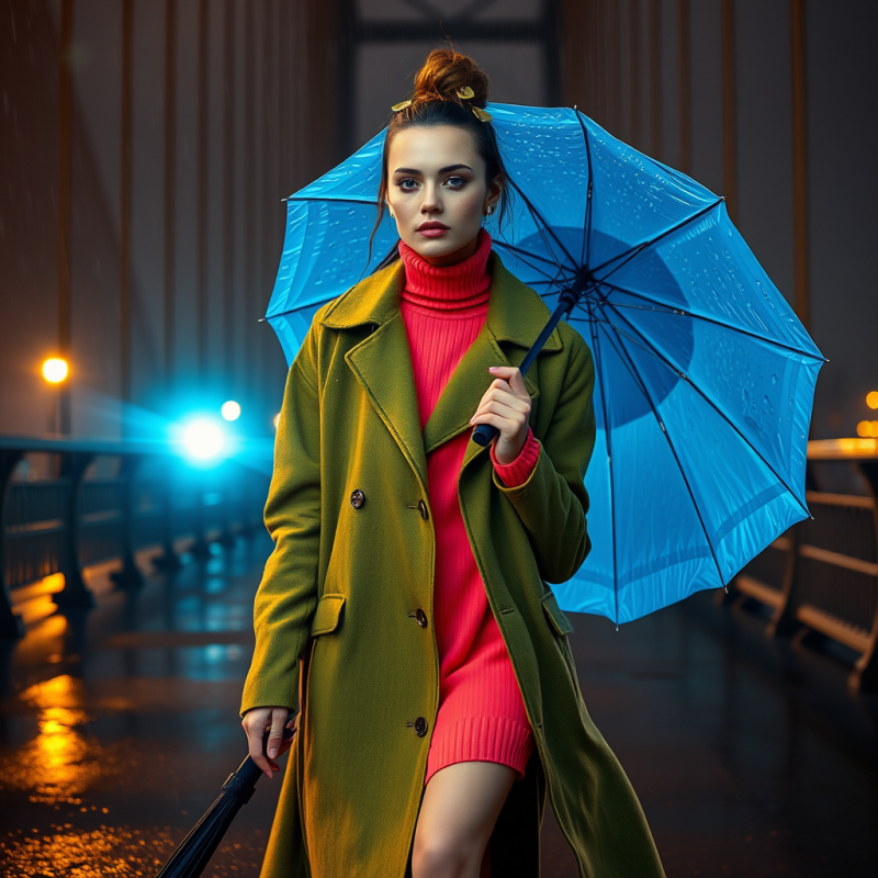 Fashion Model Mid-stride on a Rain-slicked City Bridge ...