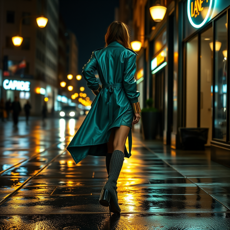 Fashion Model Mid-stride on a Rain-slicked Neon-lit Cit...