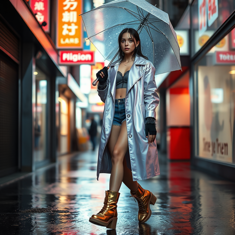 Fashion Model Mid-stride on a Rain-slicked Neon-lit Tok...