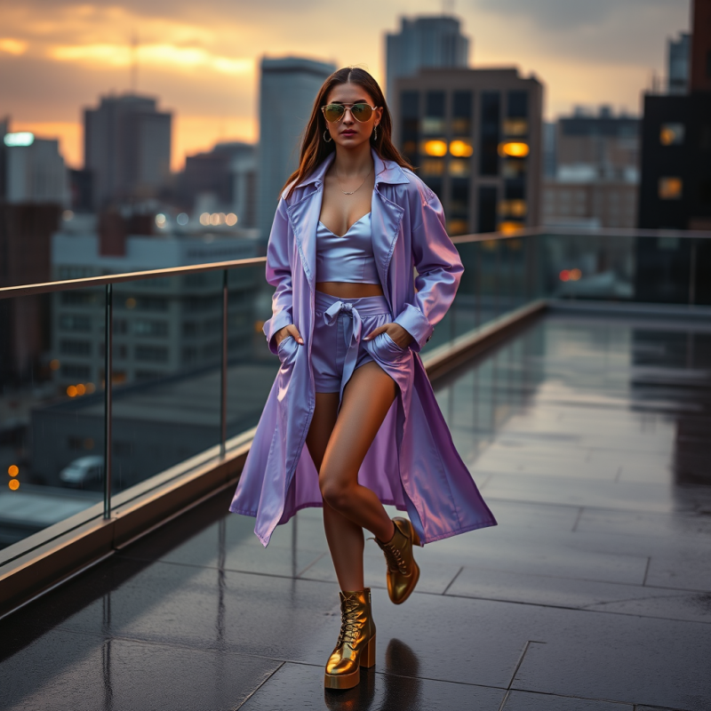 Fashion Model Mid-stride on a Rain-slicked Urban Roofto...