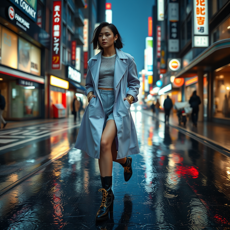 Fashion Model Mid-stride on a Rainy Neon-lit Tokyo Street