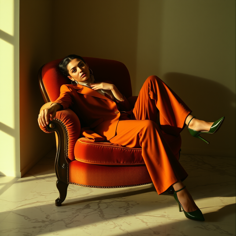 Fashion Model Reclines on a Velvet-draped Vintage Armch...