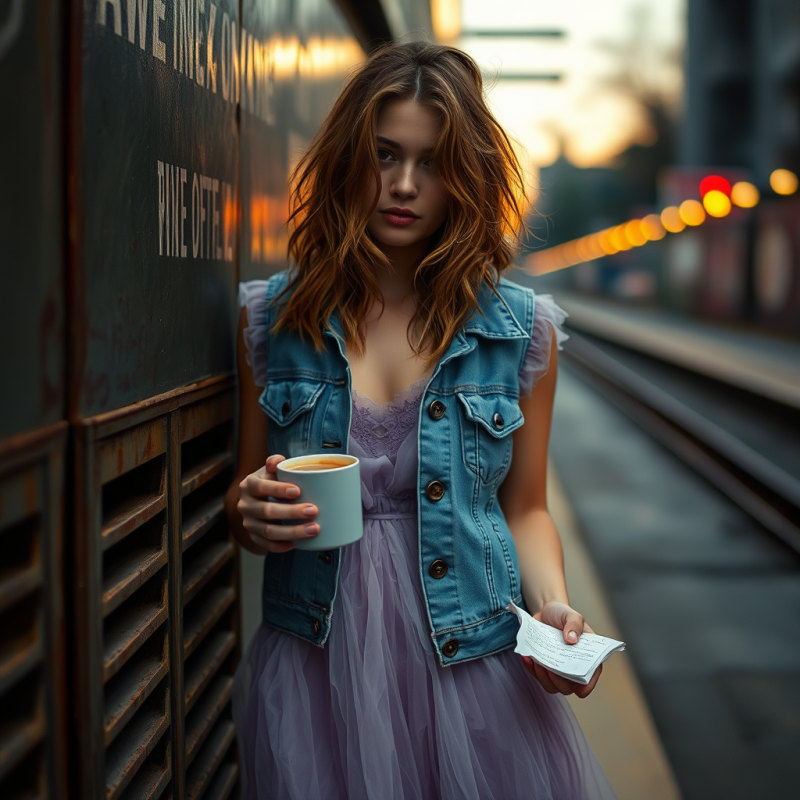 Fashion Model with Messy Honey-brown Waves Leans Agains...