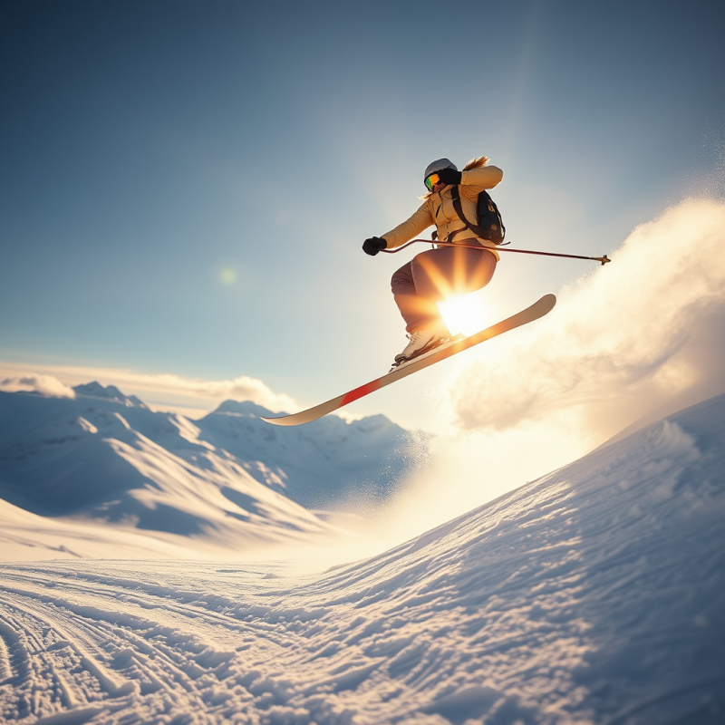 Female Alpine Skier Mid-air After a Dramatic Jump
