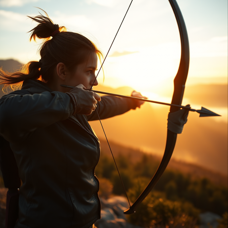 Female Archer Mid-draw on a Windswept Mountain Ridge At...