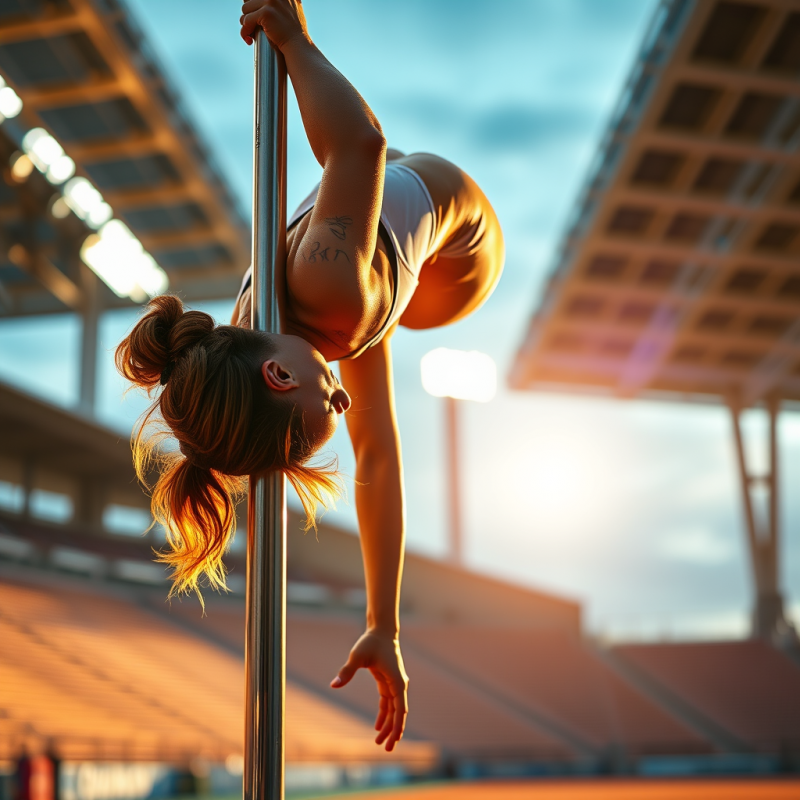 Female Athlete Performs a Pole Vault in a Stadium