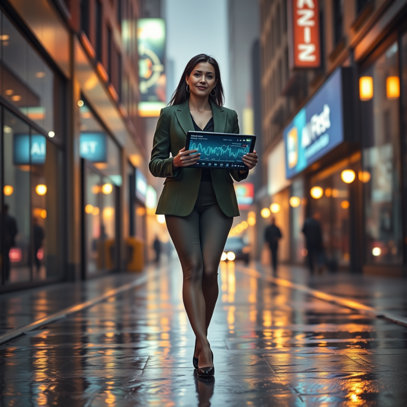 Female Ceo in a Tailored Moss-green Blazer Stands Mid-s...