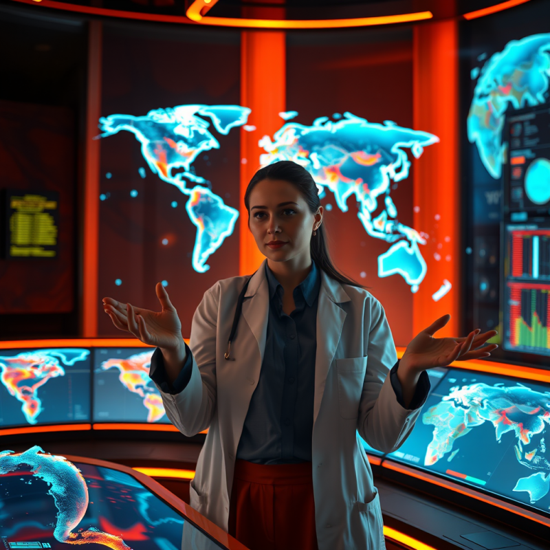 Female Climate Scientist in a Glowing Amber-lit Control...