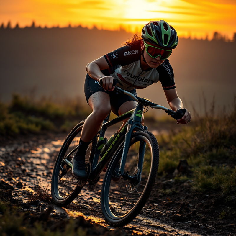 Female Cyclist Mid-air Over a Muddy Trail at Sunset