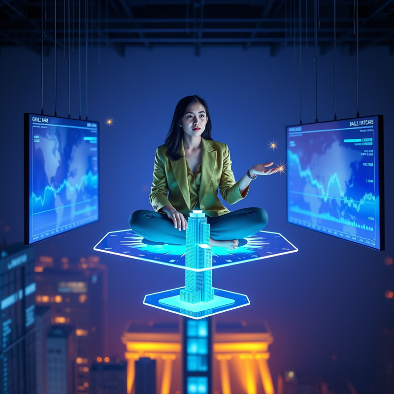 Female Entrepreneur in a Moss-green Silk Blazer Sits Cr...