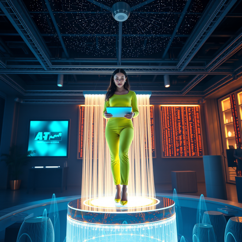 Female Entrepreneur in a Neon-green Monowear Stands Con...