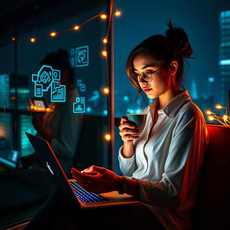 Female Entrepreneur in a Neon-lit Rooftop Office at Mid...