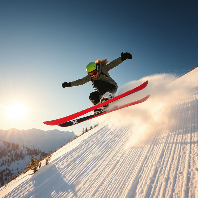 Female Freestyle Skier Mid-air Over a Snowy Mountain Trail